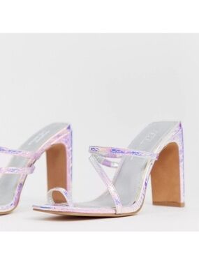 ASOS Iridescent Purple Blue Holographic Strappy Block Heel Mules